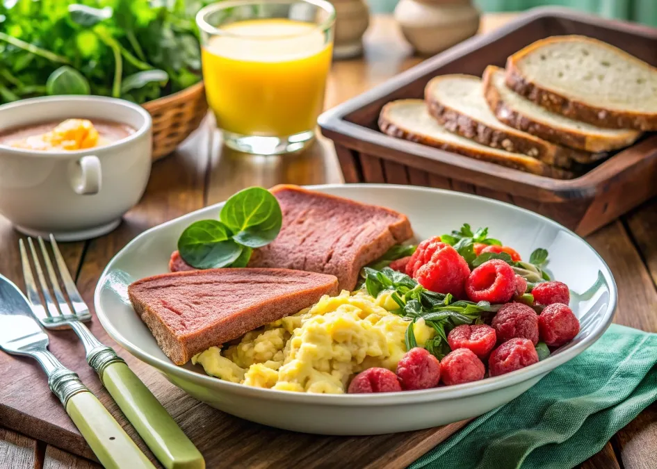 A balanced breakfast bowl with corned beef, eggs, sautéed spinach, whole wheat toast, and fresh fruit.