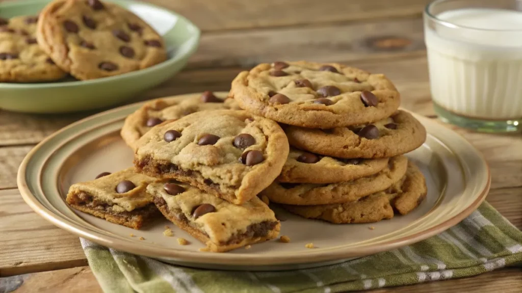 Freshly baked chocolate chip cookies stacked on a plate, showing gooey melted chocolate and crispy edges.