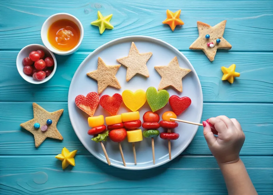 A fun meal with star-shaped sandwiches, fruit skewers, and a dipping sauce, perfect for picky eaters.