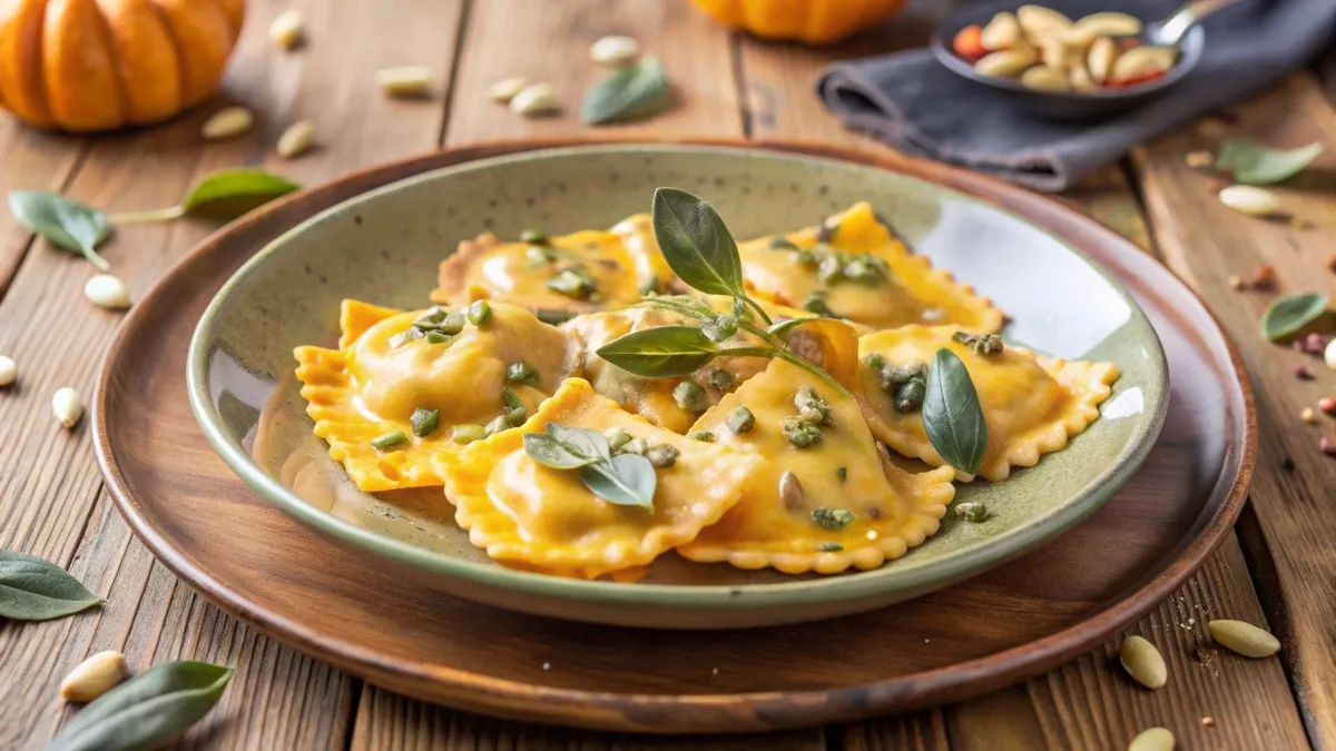 Homemade Pumpkin-Gorgonzola Ravioli with sage butter sauce on a rustic table