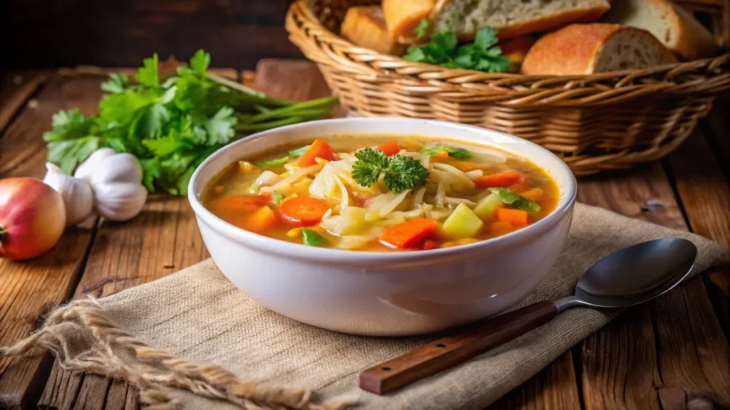 A steaming bowl of cabbage soup with fresh parsley in a cozy kitchen setting.