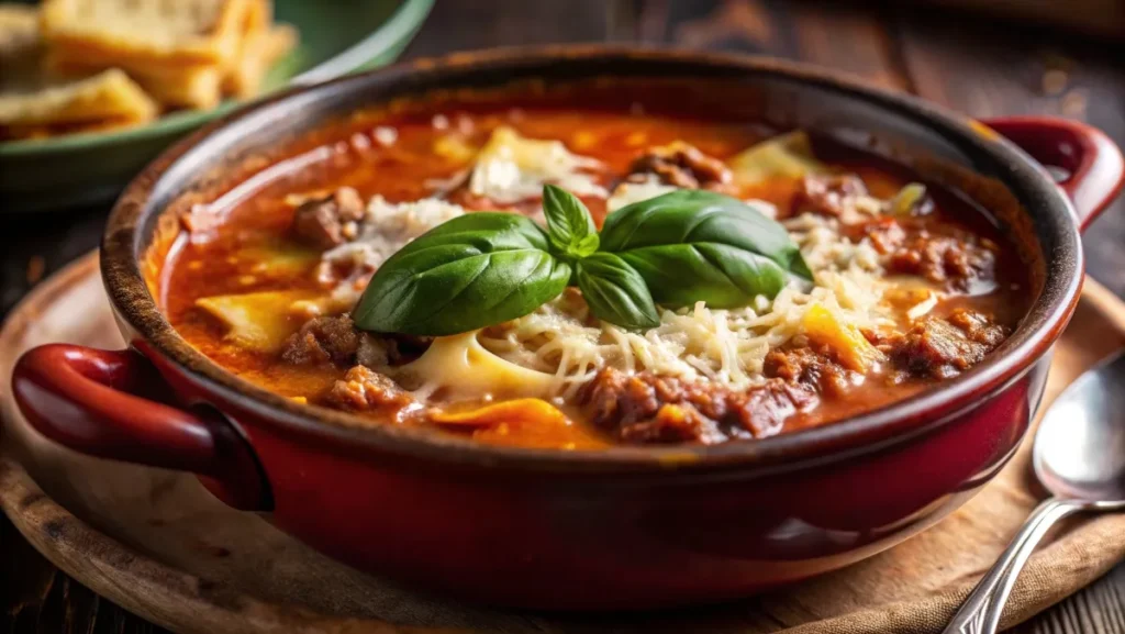 A steaming bowl of lasagna soup with pasta, meat, and melted cheese, garnished with basil and Parmesan.