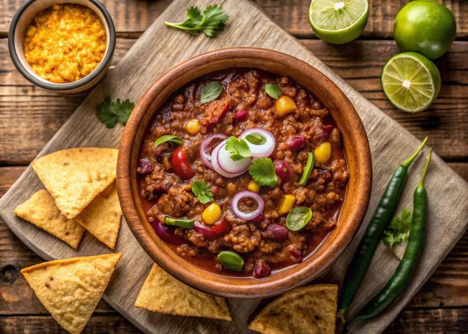 A serving of chili with cornbread, tortilla chips, and fresh toppings, creating the perfect meal.