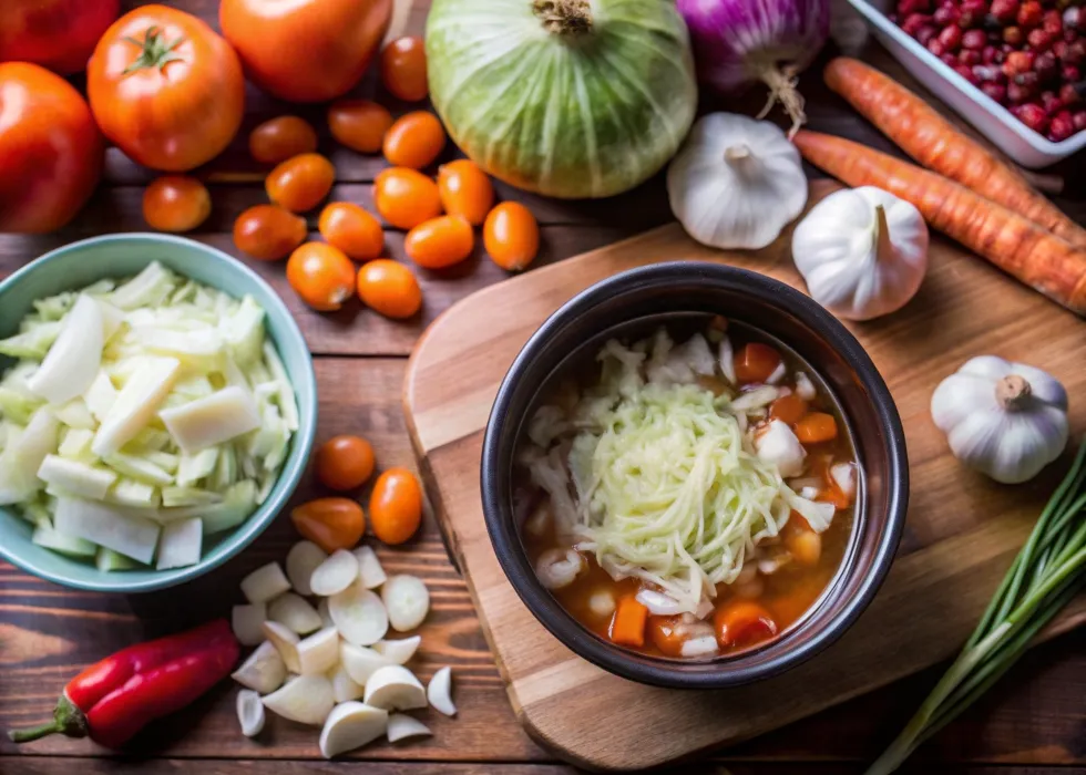 Fresh ingredients for cabbage soup, including chopped cabbage, carrots, onions, and garlic, arranged on a wooden cutting board.