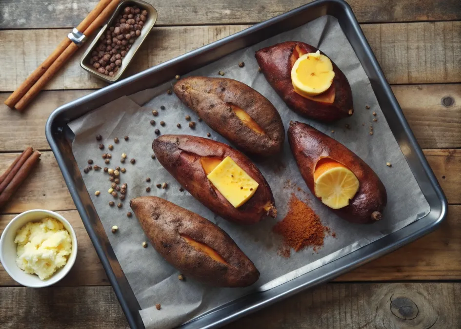 oasted sweet potatoes being scooped into a bowl, with butter melting and spices on the side.