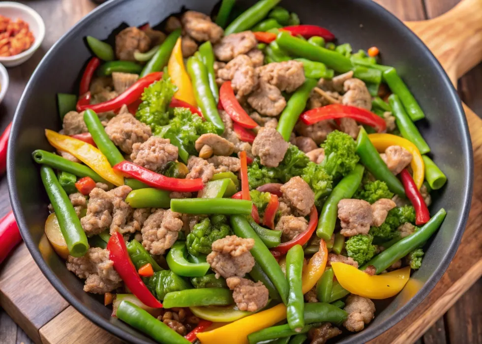 Ground sausage stir-fry with colorful vegetables in a skillet.