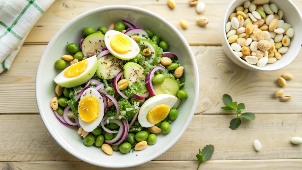 Colorful edamame egg salad with fresh greens, eggs, and sesame seeds in a white bowl.