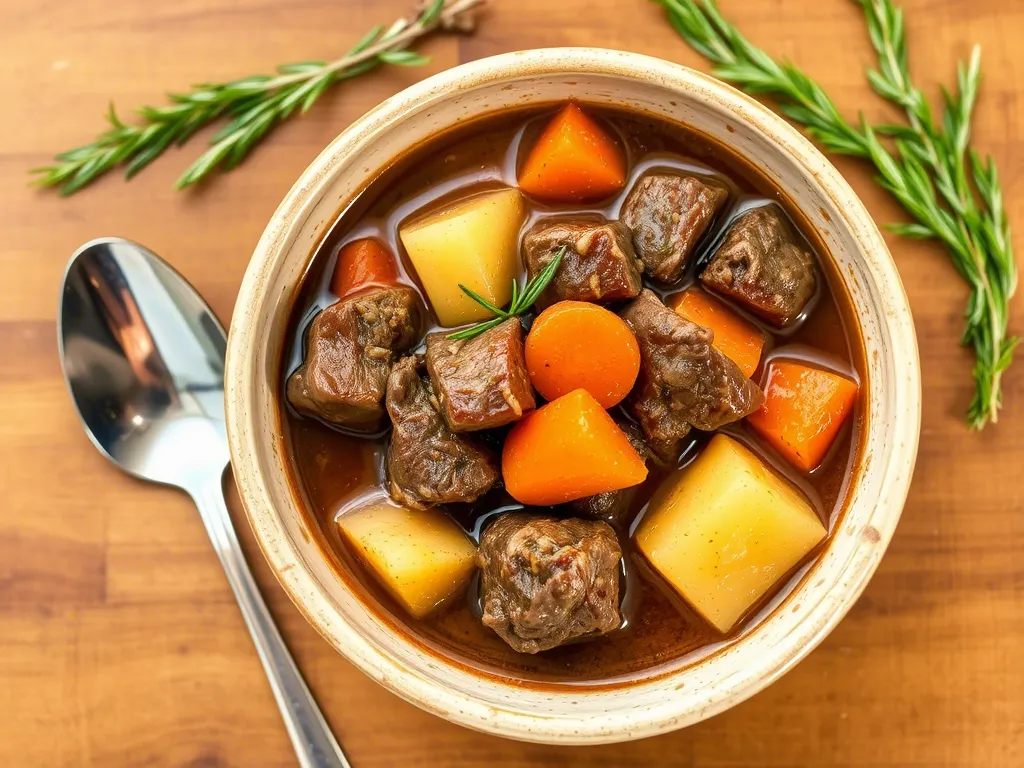 A bowl of beef stew with tender beef, carrots, and potatoes in a rich, flavorful broth