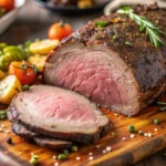 Oven roasted tri tip roast with crispy edges and juicy pink interior, served with vegetables.