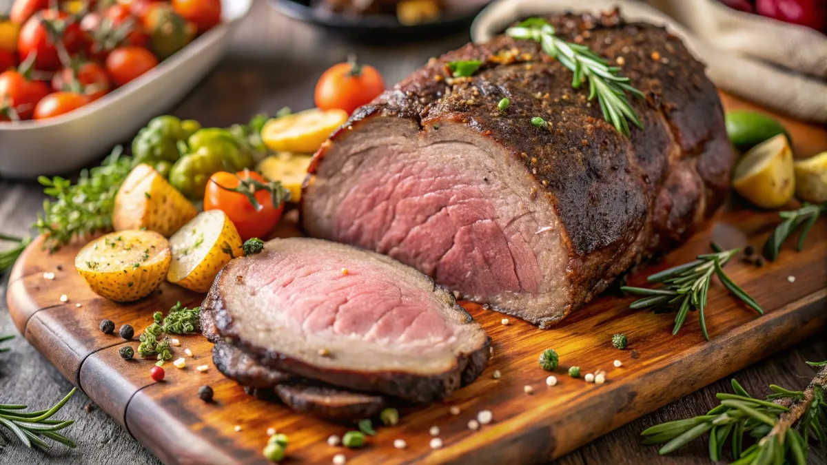 Oven roasted tri tip roast with crispy edges and juicy pink interior, served with vegetables.