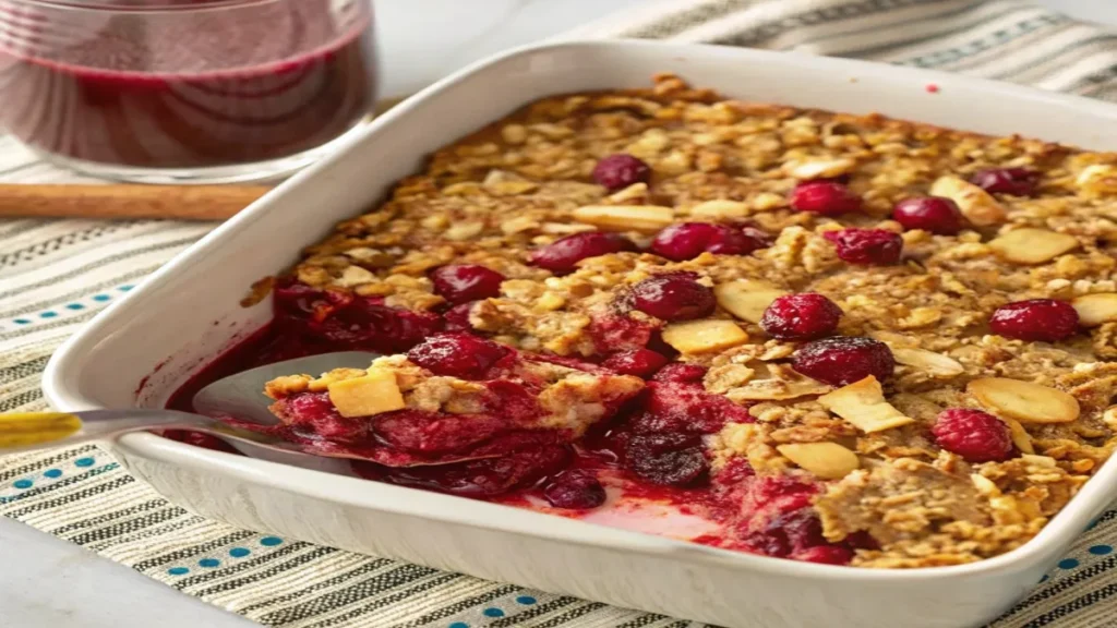 Freshly baked apple-cranberry oatmeal in a white ceramic dish, topped with golden apple chunks and vibrant red cranberries.