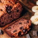 Freshly baked chocolate chunk banana bread with melted chocolate chunks on a wooden cutting board