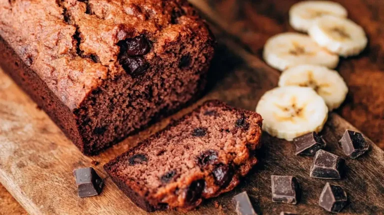 Freshly baked chocolate chunk banana bread with melted chocolate chunks on a wooden cutting board