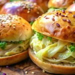 Golden-brown baked cabbage and potato buns with savory filling, fresh from the oven.