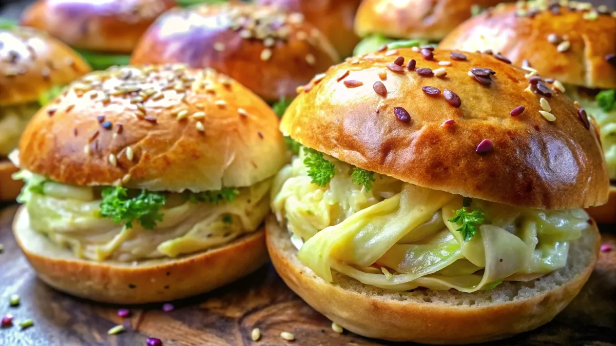 Golden-brown baked cabbage and potato buns with savory filling, fresh from the oven.