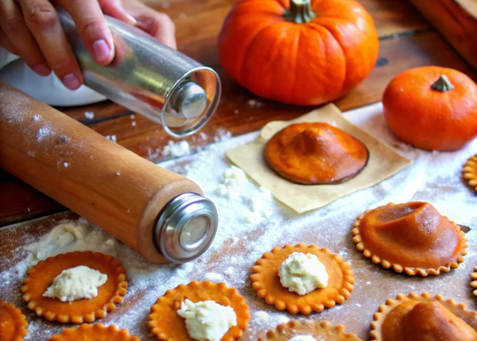 Hands making homemade Pumpkin-Gorgonzola Ravioli dough and filling.