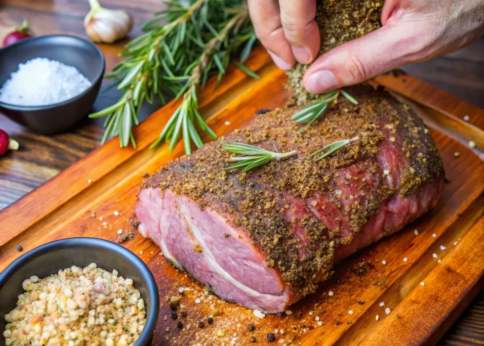 Seasoning a tri tip roast with herbs, garlic powder, and spices on a wooden countertop