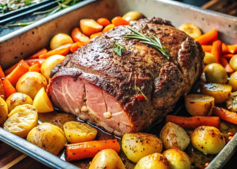 ri tip roast in the oven with potatoes and carrots, roasting to perfection.