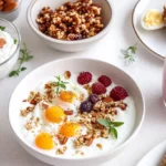 A delicious high-protein breakfast with eggs, Greek yogurt, a protein smoothie, and avocado toast.