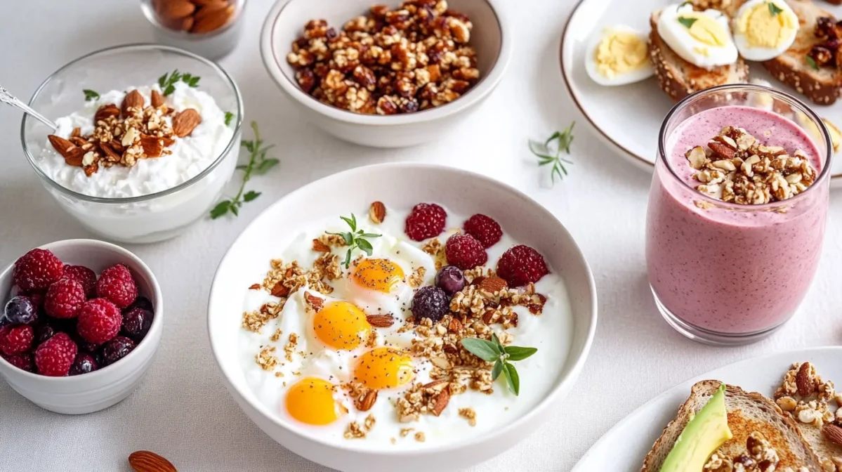 A delicious high-protein breakfast with eggs, Greek yogurt, a protein smoothie, and avocado toast.