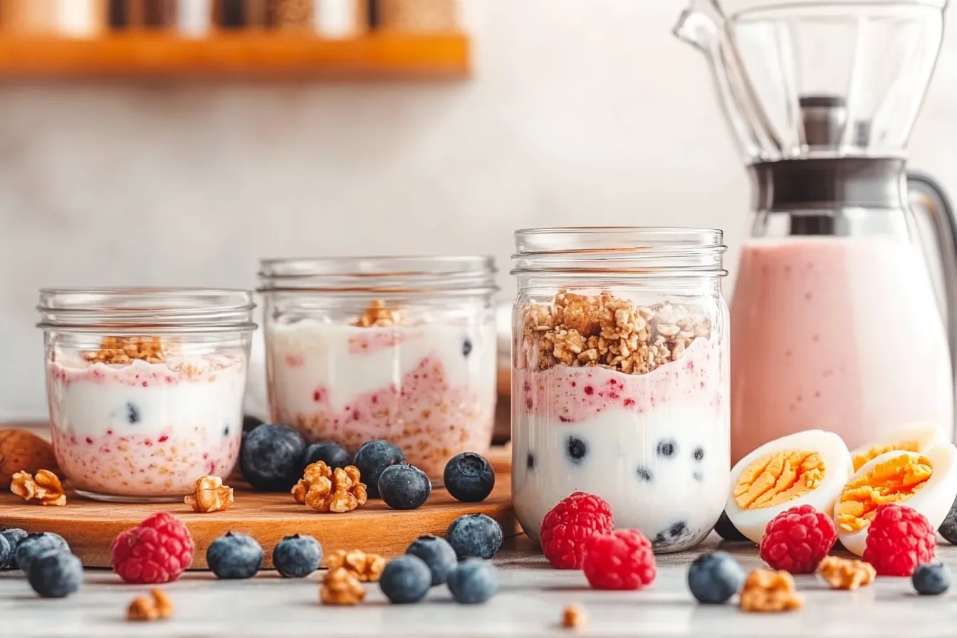 Meal prep for high-protein breakfasts, including boiled eggs, Greek yogurt, overnight oats, and a protein shake.