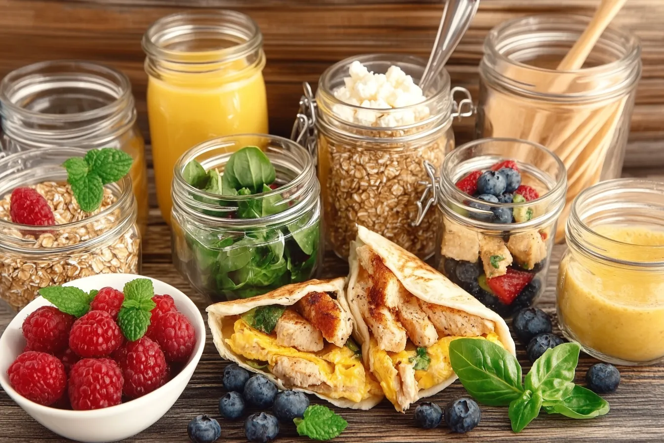 Quick and easy high-protein breakfast options, including overnight oats, an omelet, a smoothie, and a breakfast wrap