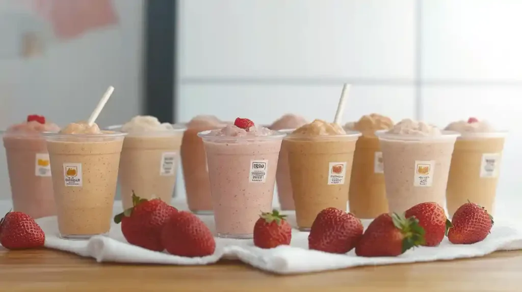 A refreshing glass of homemade strawberry lassi with fresh strawberries and mint garnish.