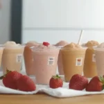 A refreshing glass of homemade strawberry lassi with fresh strawberries and mint garnish.