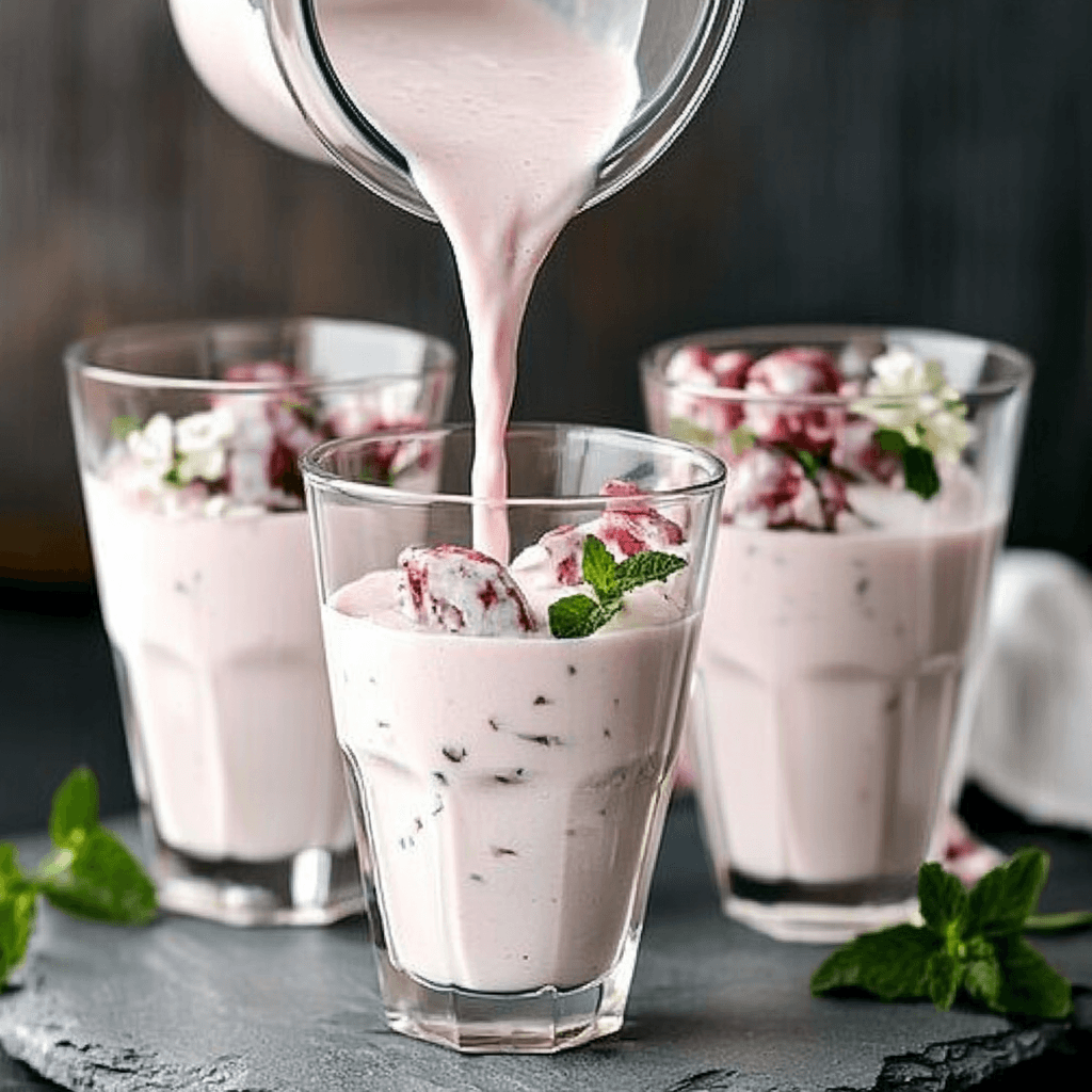 pouring-strawberry-lassi blending and pouring strawberry lassi