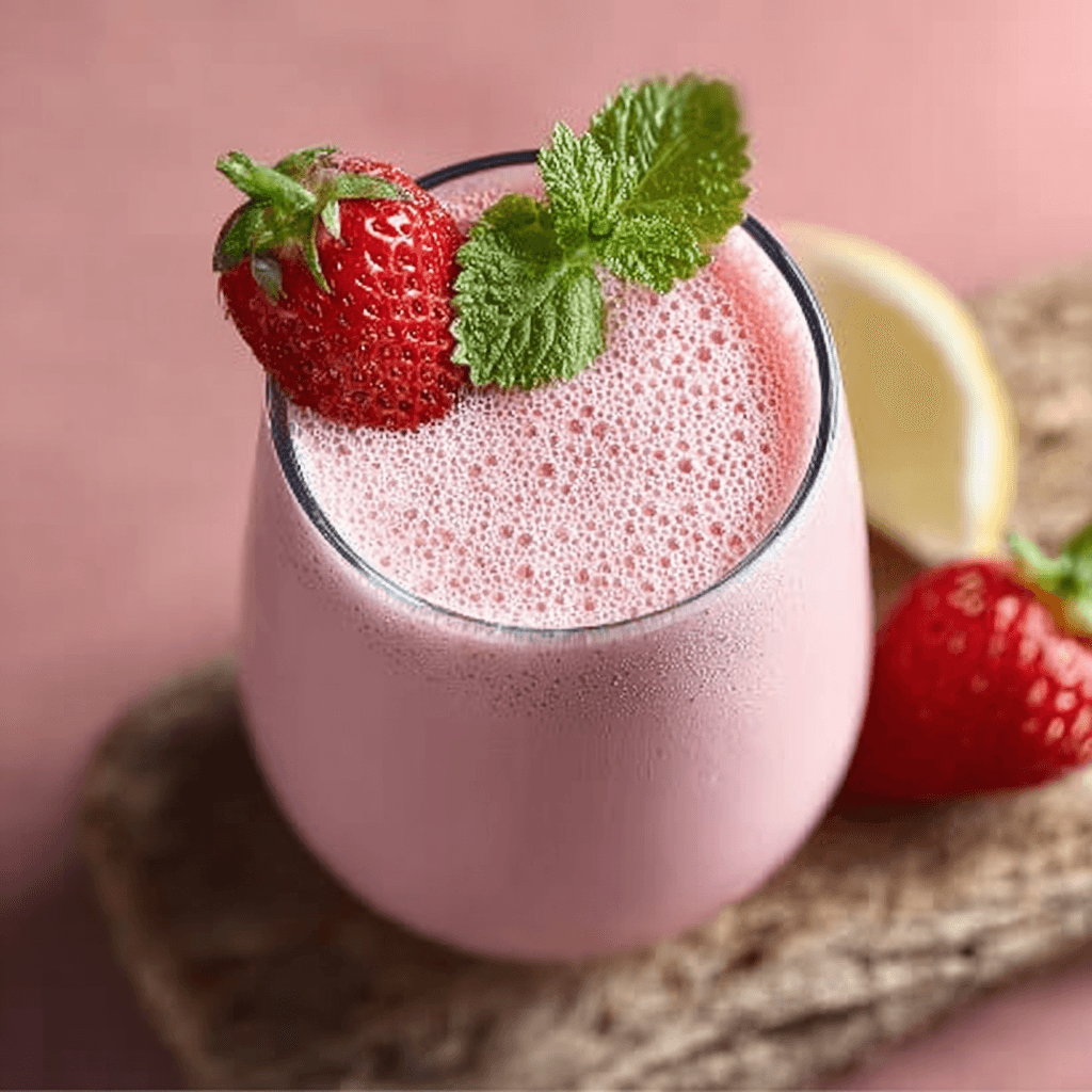 strawberry-lassi-featured strawberry lassi in a glass on wooden table