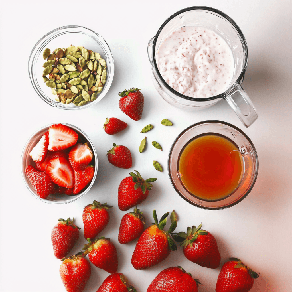 strawberry-lassi-ingredients blending and pouring strawberry lassi