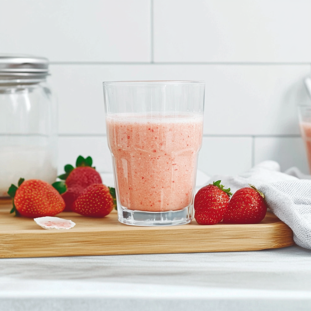 strawberry-lassi-recipe-card strawberry lassi recipe card with finished drink