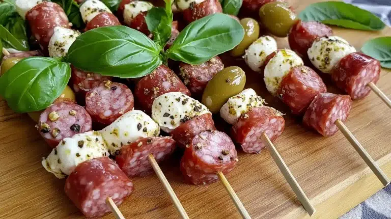 Antipasto skewers on wooden board with meats, cheese, and veggies
