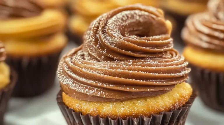 Vanilla cupcake with chocolate frosting and powdered sugar on top