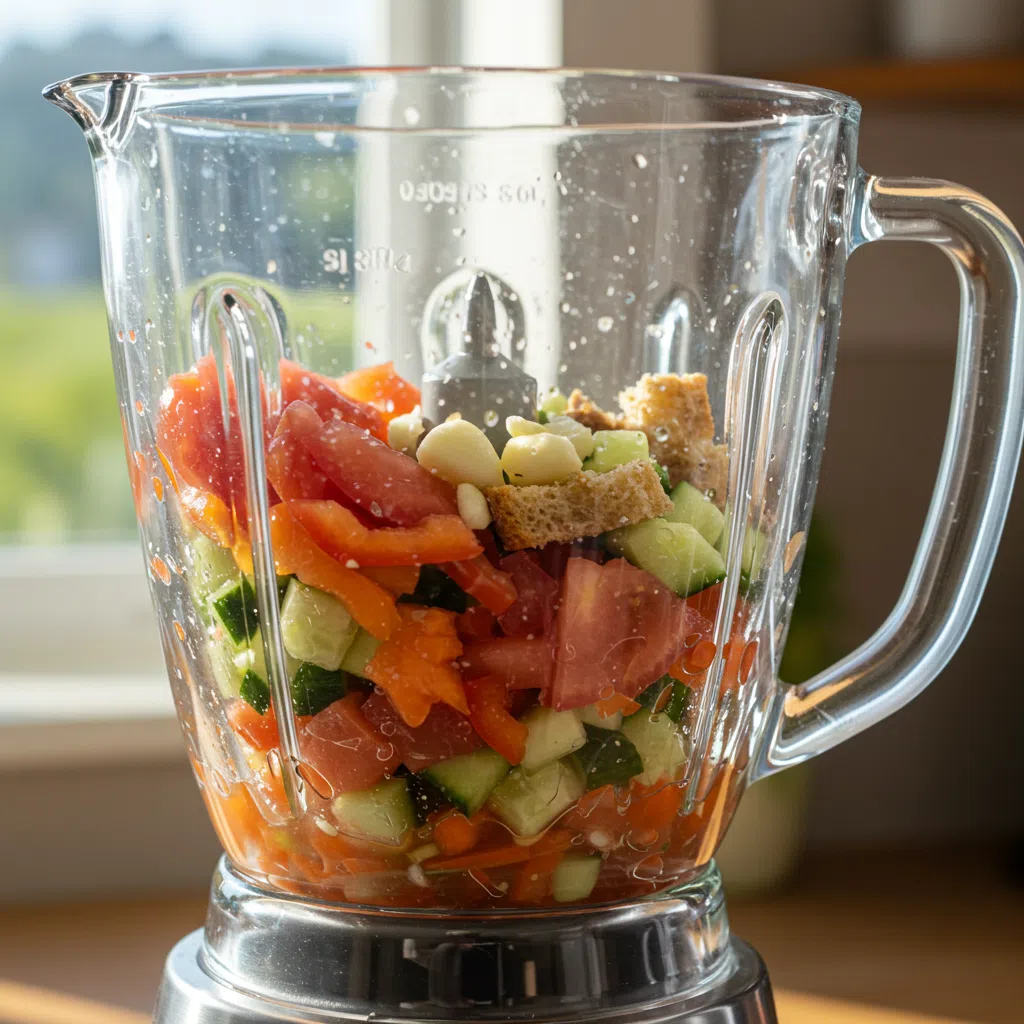 Classic Gazpacho Spanish Cold Tomato Soup: How to Make It Right 5 blending gazpacho vegetables
