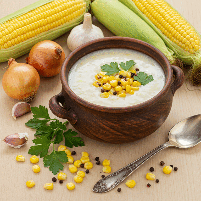 Chilled corn soup in rustic bowl with toppings