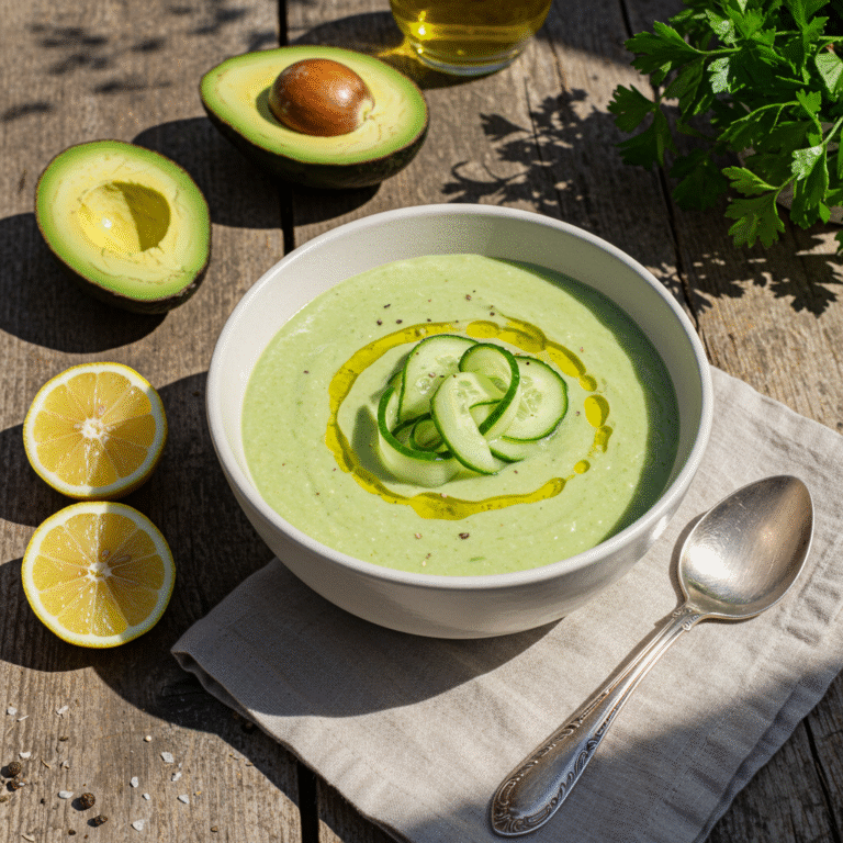 chilled cucumber avocado soup in ceramic bowl on summer table