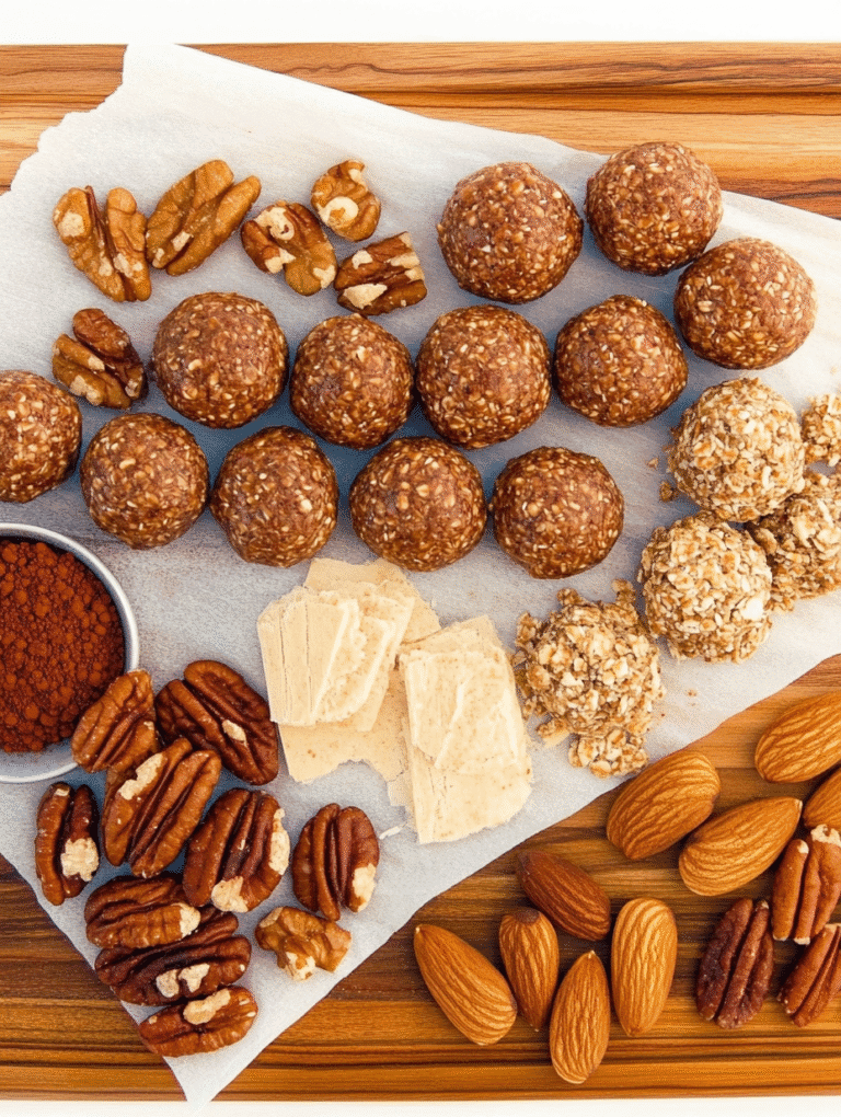 chocolate tahini protein balls no-bake snack in rustic kitchen