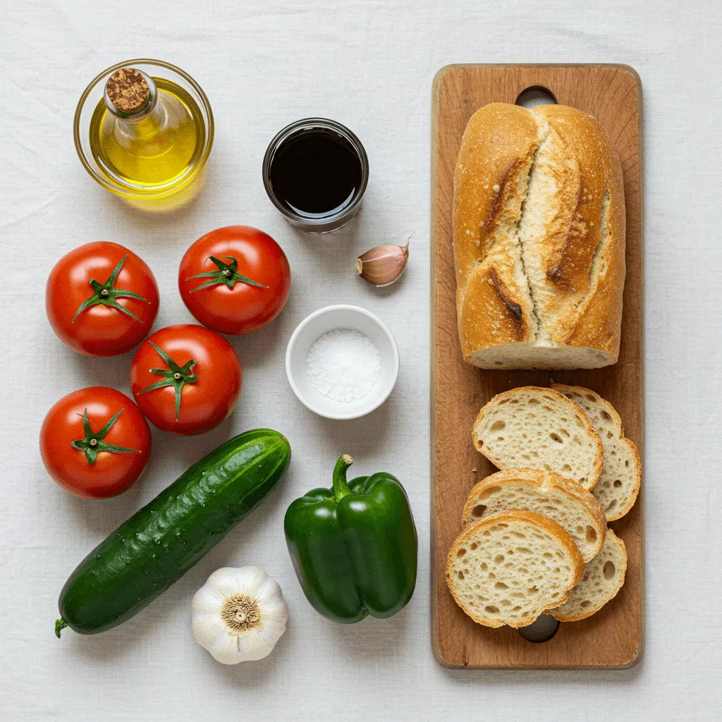 Classic Gazpacho Spanish Cold Tomato Soup: How to Make It Right 4 classic gazpacho ingredients flatlay