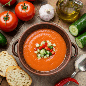 Classic Gazpacho Spanish Cold Tomato Soup: How to Make It Right 2 Classic gazpacho Spanish cold tomato soup in a rustic bowl