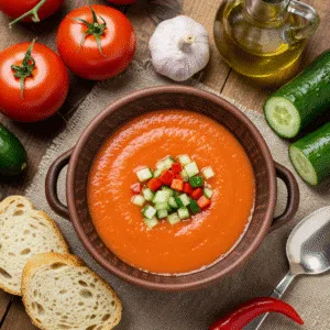 Classic Gazpacho Spanish Cold Tomato Soup: How to Make It Right 2 Classic gazpacho Spanish cold tomato soup in a rustic bowl