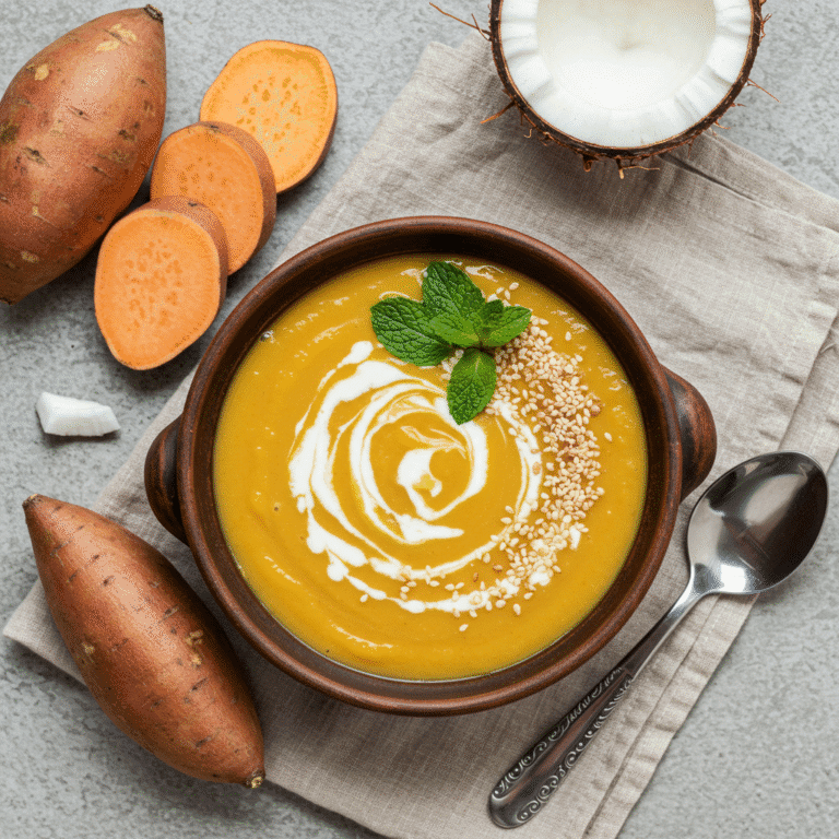 Cold sweet potato coconut soup served in rustic bowl