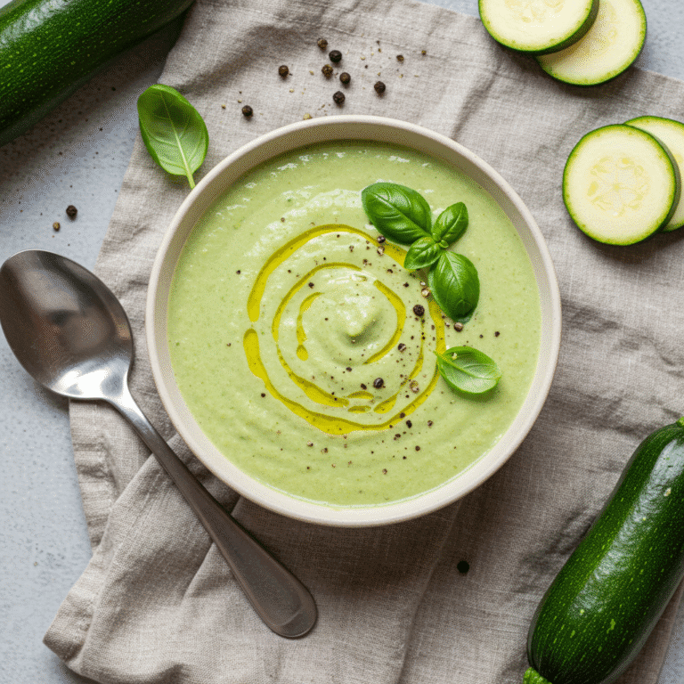 Cold zucchini basil soup served with basil and oil