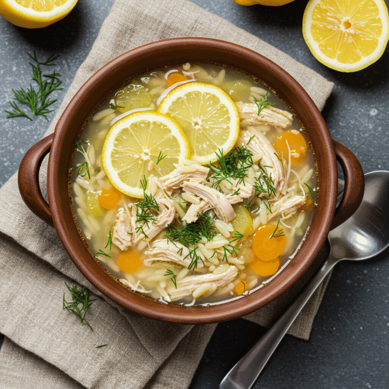 Lemon chicken orzo soup served lukewarm in rustic bowl