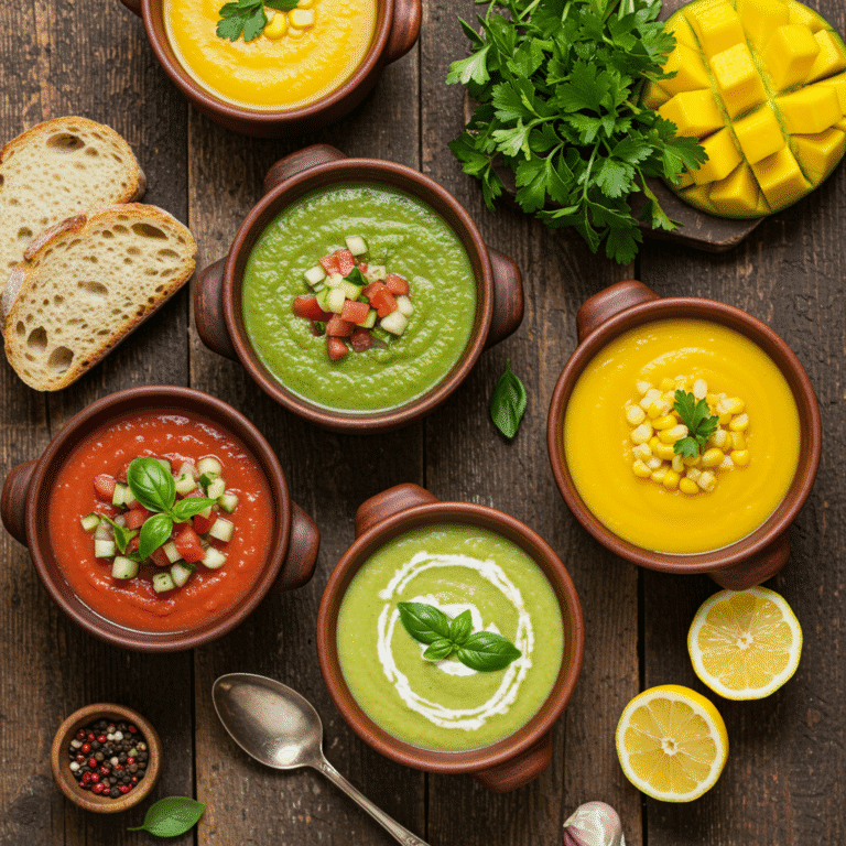Variety of cold soup recipes in bowls