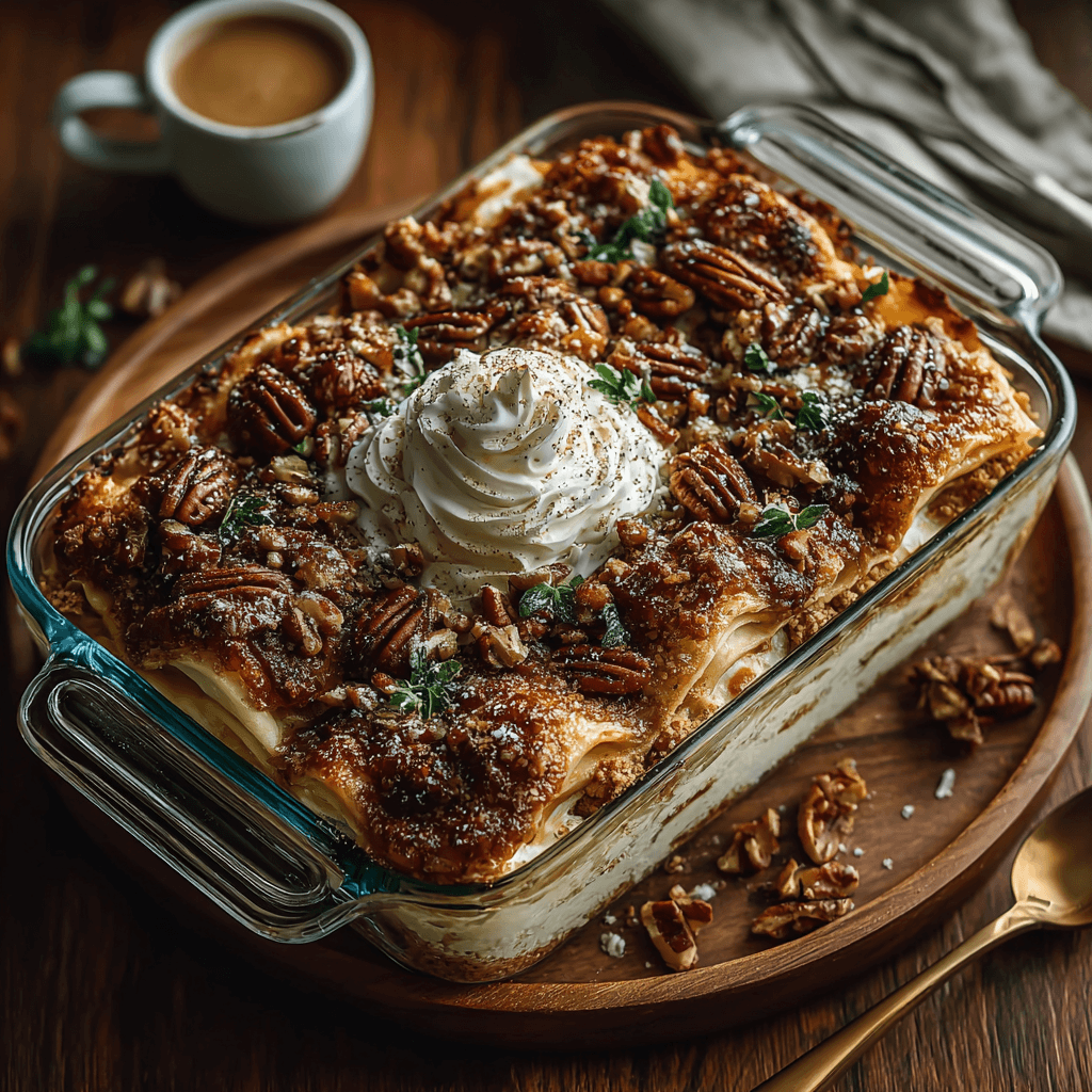 pecan-pie-lasagna-featured Pecan pie lasagna in glass dish on table