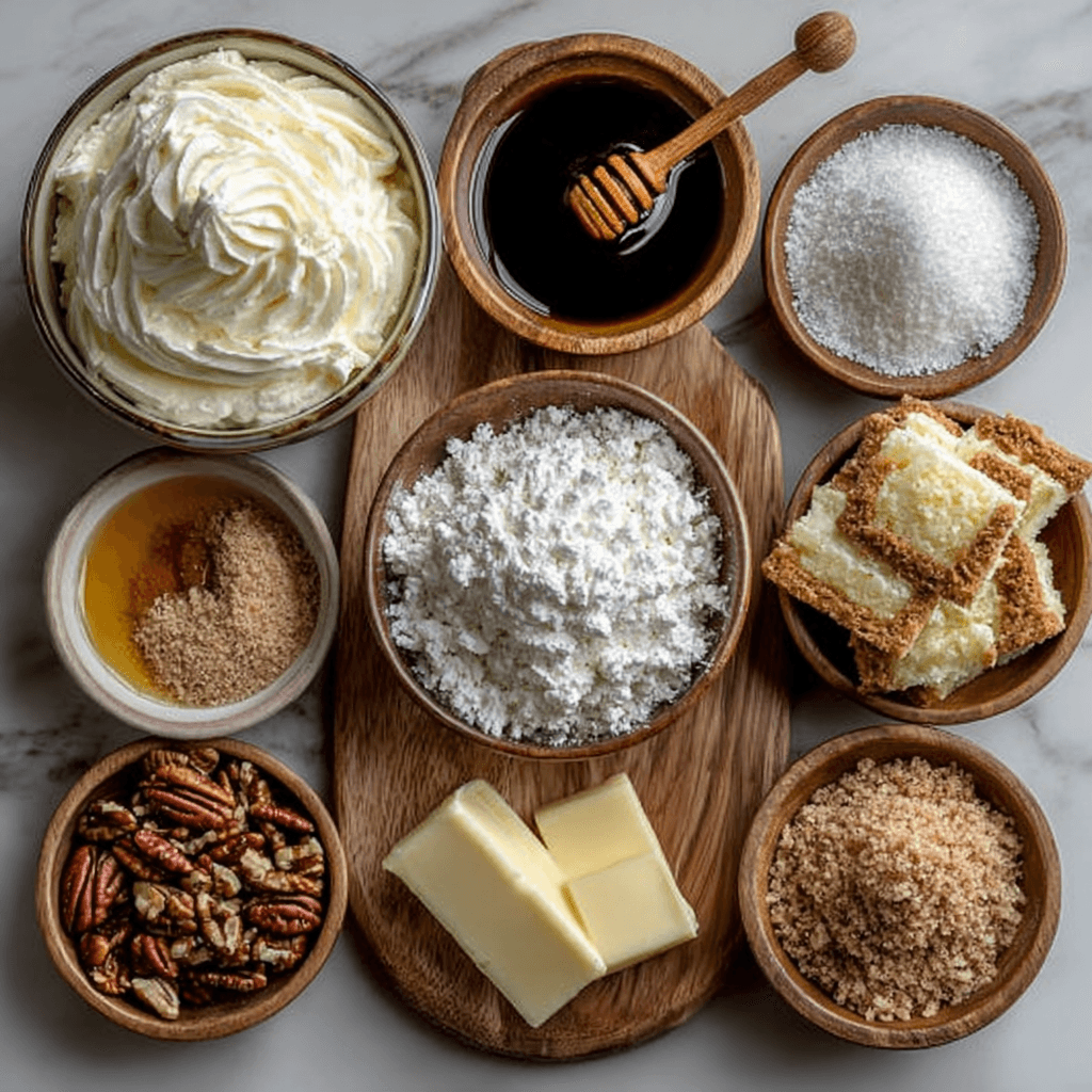pecan-pie-lasagna-ingredients Pecan pie lasagna ingredients in small bowls