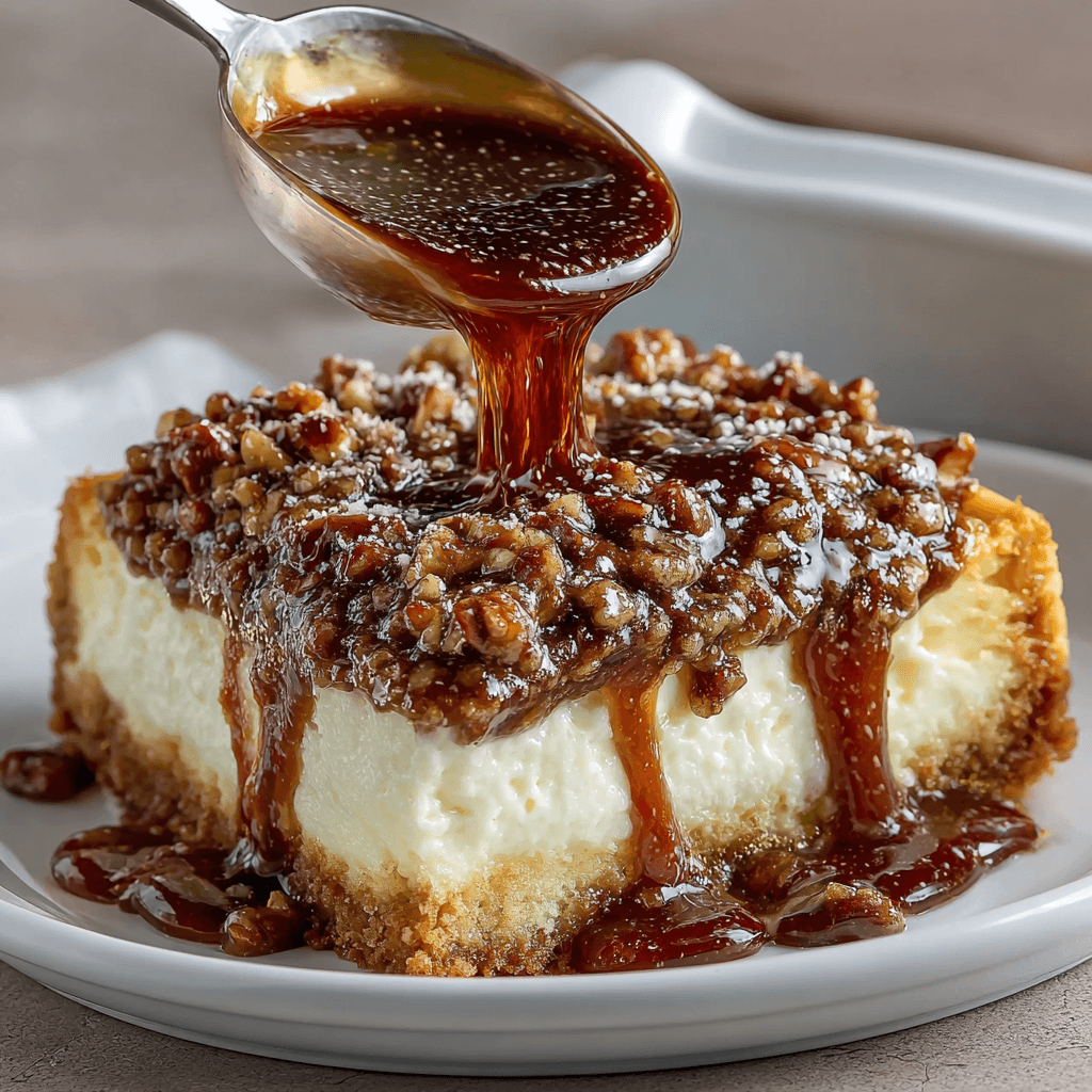 pecan-pie-lasagna-steps Pouring pecan topping over cream layer
