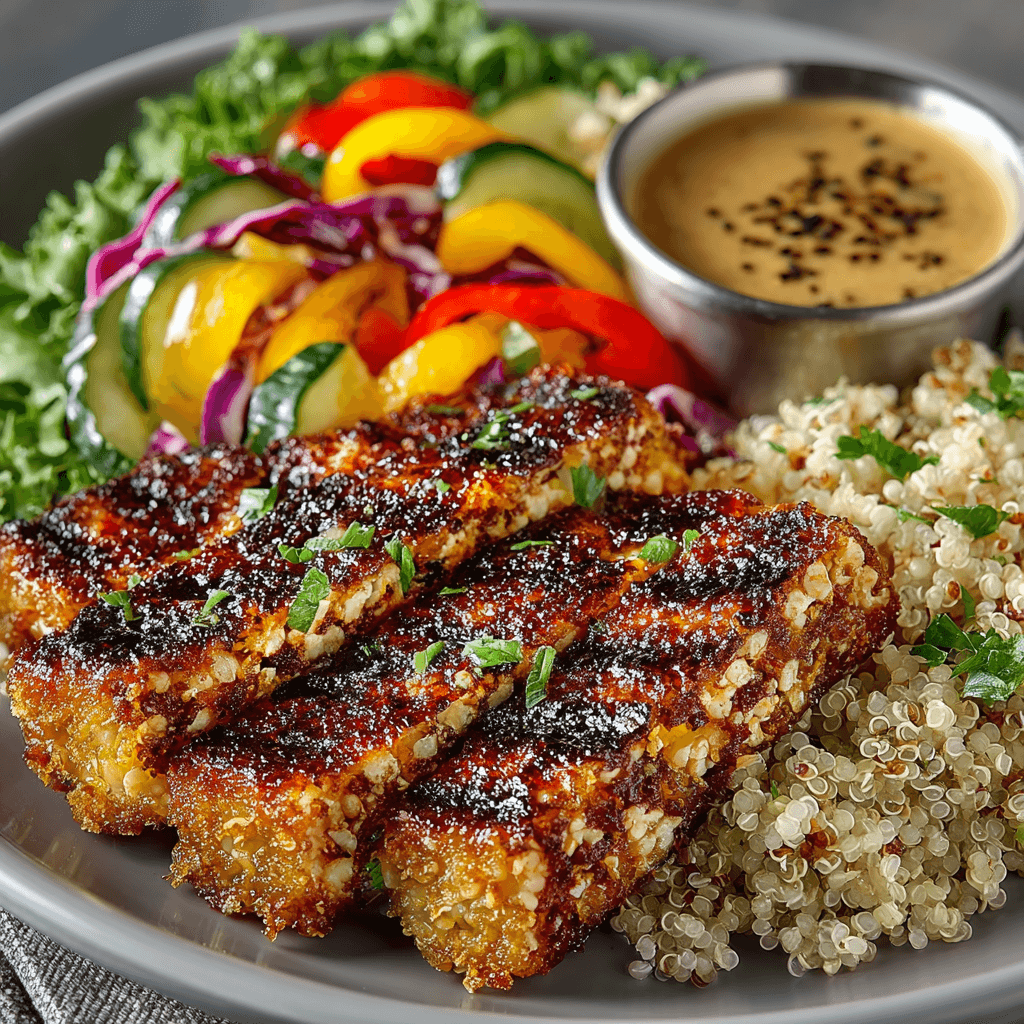 Home 11 Plated vegan lunch with glazed tempeh, quinoa, roasted vegetables, and dipping sauce.