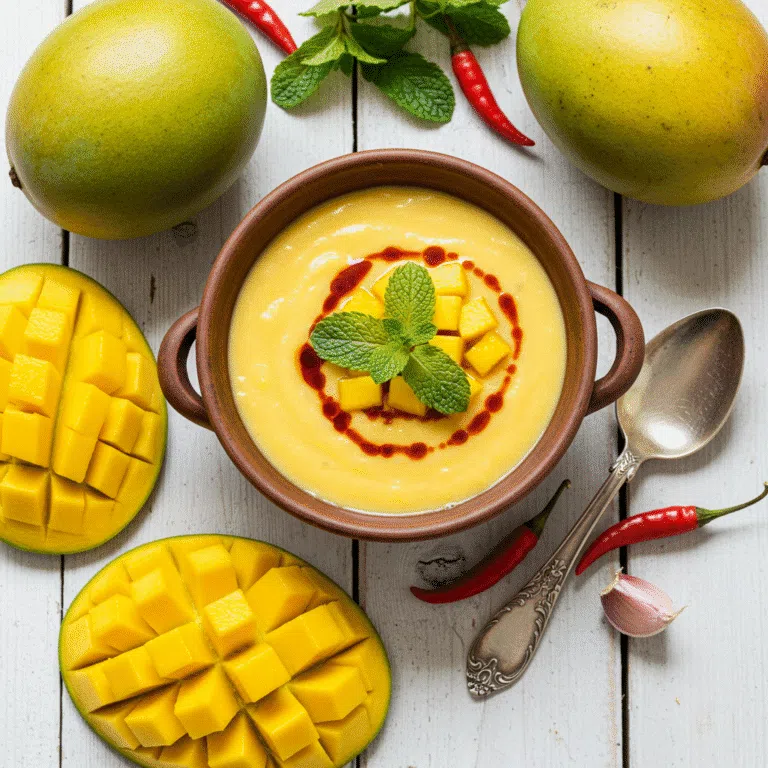Spicy mango soup in a rustic bowl with fresh toppings
